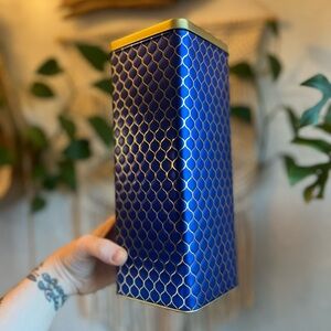 Vintage Blue & Gold Metal Storage Tin – Honeycomb Pattern – 10x4” Christmas